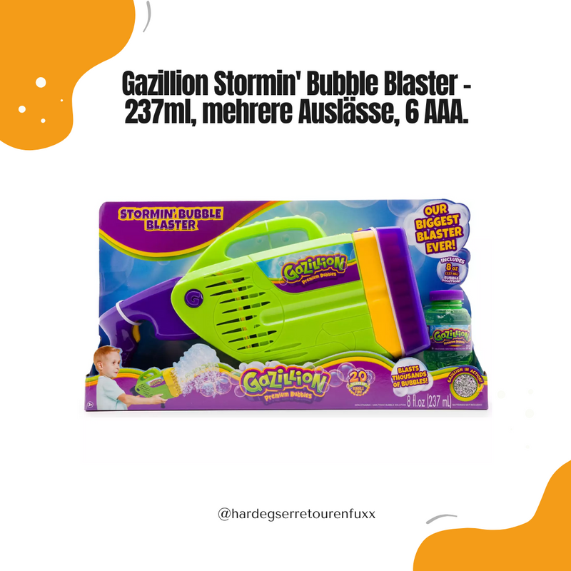 Gazillion Stormin' Bubble Blaster Funrise 37611 – Automatische Seifenblasenkanone, 237ml Premium-Lösung, 6 AAA Batterien, mehrere Blasenauslässe, grün/lila/gelb, für Kinder ab 3 Jahren