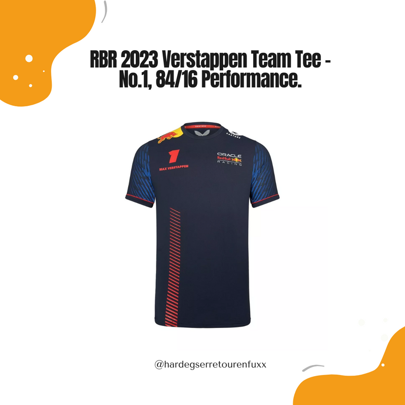 Red Bull Racing F1 Men’s 2023 Max Verstappen Team T‑Shirt – 84% Polyester/16% Elastan 180 GSM, Nummer 1 Front‑Print, Bullen‑Rückengrafik, Offizielle Teamline