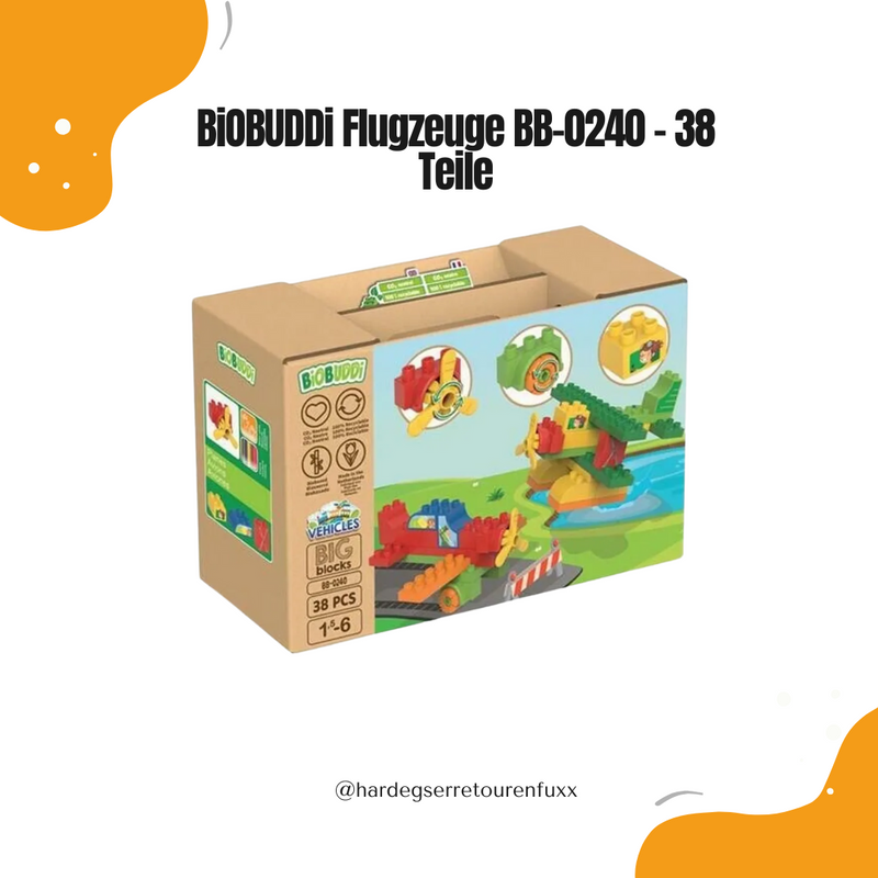 BiOBUDDi-Fahrzeuge Flugzeuge BB-0240 – 38 Nachhaltige Zuckerrohr-Bausteine, 2 Flugzeuge mit Rädern, Aufbewahrungsbox, CO₂-Neutral für Kinder 1,5-6 Jahr