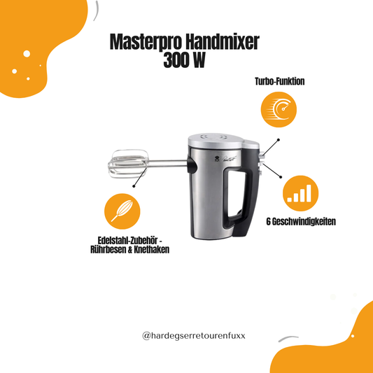 Masterpro Handmixer BGMP-9116 – 300 W Handmixer mit 6 Geschwindigkeiten & Turbo-Funktion, Edelstahl Rührbesen & Knethaken