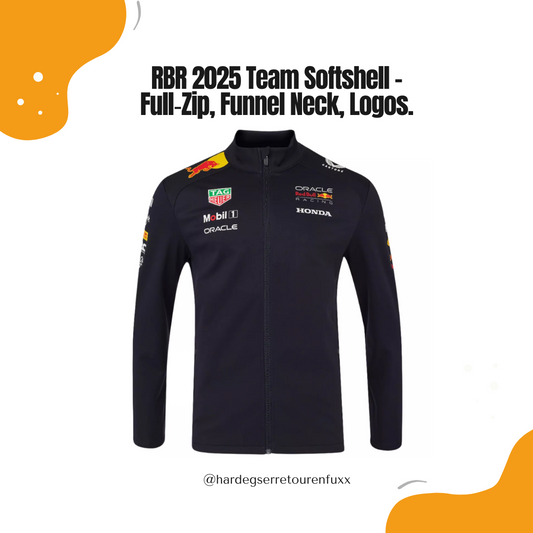 Castore Red Bull Racing F1 2025 Team Softshell Jacket – Regular Fit, Funnel Neck, Full‑Zip, Elbow‑Darts, Zip‑Taschen, Dropped Hem