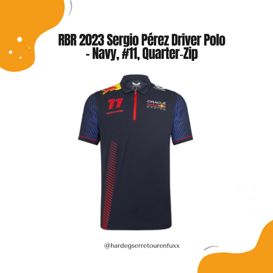 Red Bull Racing 2023 Sergio Pérez Driver Polo – Navy, Regular Fit, Viertel‑Zip, Fahrer‑Nummer 11, Team‑ und Partnerlogos, Offizielle Castore Teamline