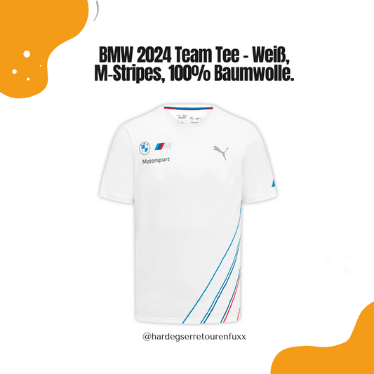 BMW M Motorsport 2024 Team T‑Shirt – Weiß, 100% Baumwolle, M‑Stripes, Rippkragen, Offizielle PUMA Team‑Replica