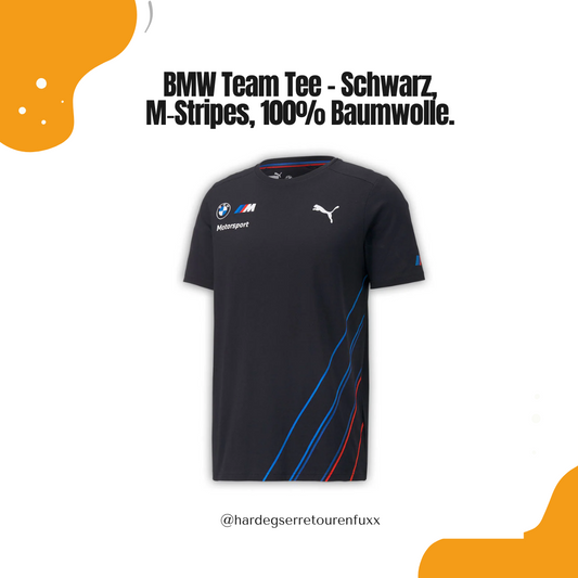 BMW M Motorsport Team T‑Shirt – Schwarz, 100% Baumwolle, M‑Stripes Grafik, Rippkragen, Offizielle PUMA Teamwear