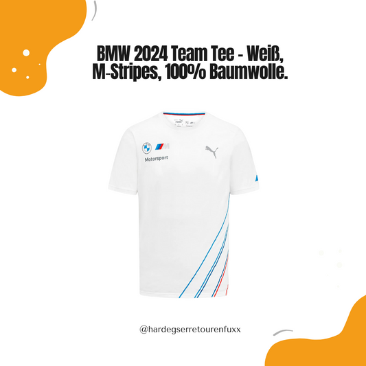 BMW M Motorsport 2024 Team T‑Shirt – Weiß, 100% Baumwolle, M‑Stripes Grafik, Rippkragen, Offizielle PUMA Team‑Replica
