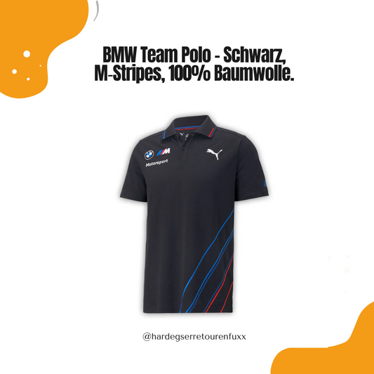 BMW M Motorsport Team Polo – Schwarz, 100% Baumwolle, M‑Stripes Grafik, Rippkragen mit Kontraststreifen, Offizielle PUMA Teamwear