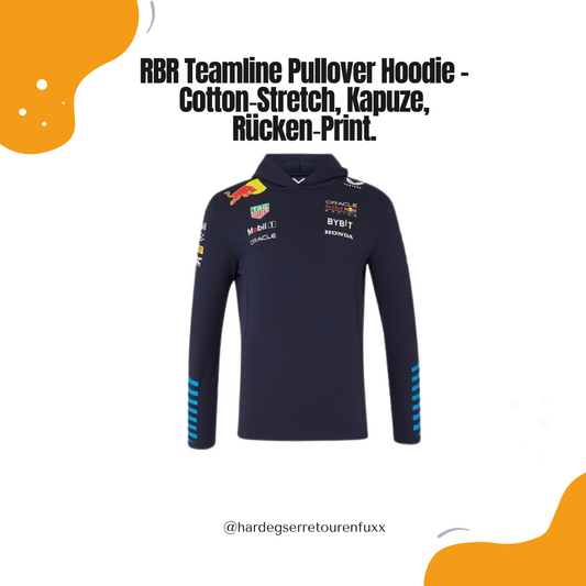 Oracle Red Bull Racing Men’s Official Teamline Pullover Hoodie – Night Sky, 78% Baumwolle/18% Polyester/4% Elastan, Two‑Piece Hood, Rücken‑Print, Offizielle Castore Kollektion