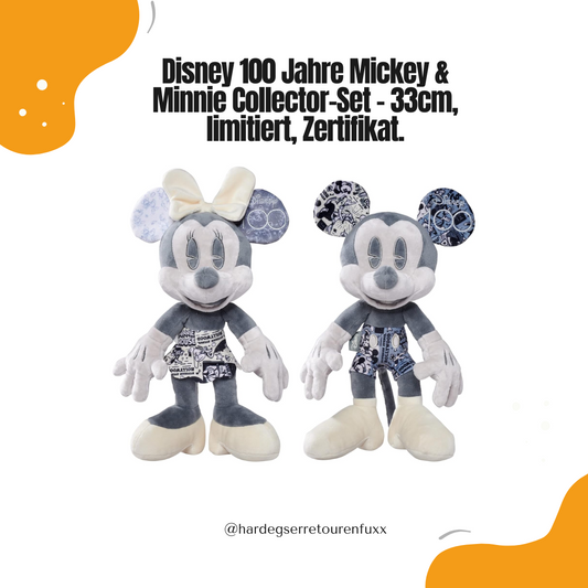 Disney Mickey & Minnie Mouse 100 Jahre Collector-Set – 33cm Plüsch, Limitierte Sammler-Edition 10.000 Stück, Sepia-Cartoon-Look, Geschenk-Box mit Zertifikat & Seriennummer