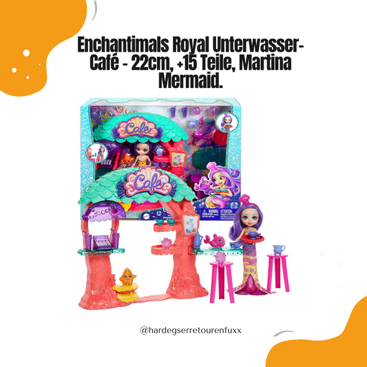 Enchantimals HCF86 Royal Unterwasser-Café – ca. 22 cm, +15 Teile, mit Martina Mermaid Puppe (15cm), Tierfreunden Bubbler & Tidy, Café-Zubehör, Barbies Corgi mit Sonnenbrille, Geschenk für Kinder ab 3 Jahren