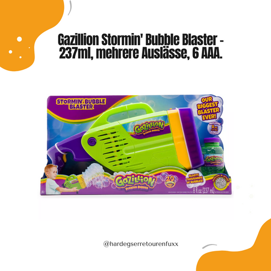 Gazillion Stormin' Bubble Blaster Funrise 37611 – Automatische Seifenblasenkanone, 237ml Premium-Lösung, 6 AAA Batterien, mehrere Blasenauslässe, grün/lila/gelb, für Kinder ab 3 Jahren