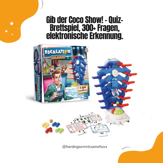Play Fun by IMC Toys "Gib der Coco Show!" – Interaktives Quiz-Brettspiel ab 8 Jahren, elektronische Antworterkennnung, 76 Karten mit 300+ Fragen, 4 Kategorien (kreativ, visuell, sprachlich, rechnen), 17 Bälle, 2+ Spieler