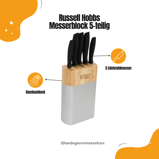 Russell Hobbs Messerblock 5-teilig – Edelstahl Küchenmesser mit Bambusblock & Soft-Touch-Griff