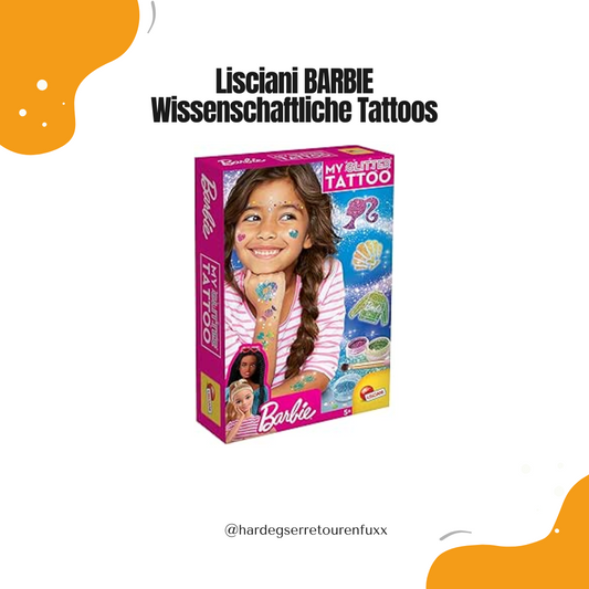 Lisciani BARBIE – Meine Wissenschaftlichen Tattoos für Kinder ab 5 Jahren, Kreatives Lernspiel mit Aufklebern, Pulver & Glitzersteinen, pädagogisches Geschenk für Mädchen