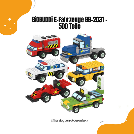 BiOBUDDi E-Fahrzeuge BB-2031 – 500 Nachhaltige Zuckerrohr-Bausteine, Leucht-im-Dunkeln Blöcke, 6 E-Fahrzeuge mit Aufklebern, CO₂-Neutral ab 4 Jahren