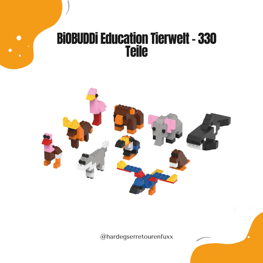 BiOBUDDi Education Baue Deine Tierwelt – 330 Nachhaltige Zuckerrohr-Bauklötze, Lernbücher, CO₂-Neutral Themenset für Kinder ab 4 Jahren, Mehrfarbig