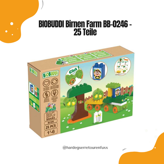 BIOBUDDI Birnen Farm BB-0246 – 25 Nachhaltige Zuckerrohr-Bausteine, Birnenfarm-Spielset mit Traktor & Bäuerin, CO₂-Neutral für Kinder 1,5-6 Jahr