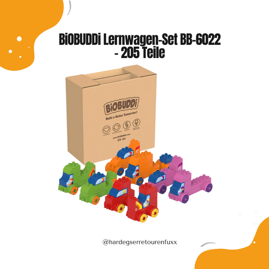 BiOBUDDi Lernwagen-Set BB-6022 – 205 Nachhaltige Zuckerrohr-Bausteine, 6 Lernbücher, 3 Grundplatten, CO₂-Neutral Gruppenlernspiel für Kinder 1,5-6 Jahre