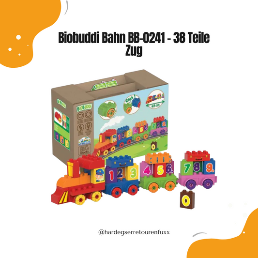 Biobuddi Bahn BB-0241 – 38 Nachhaltige Zuckerrohr-Bausteine, Beweglicher Zug mit Rädern, Konstruktionszeichnung, CO₂-Neutral für Kinder 1,5-6 Jahre