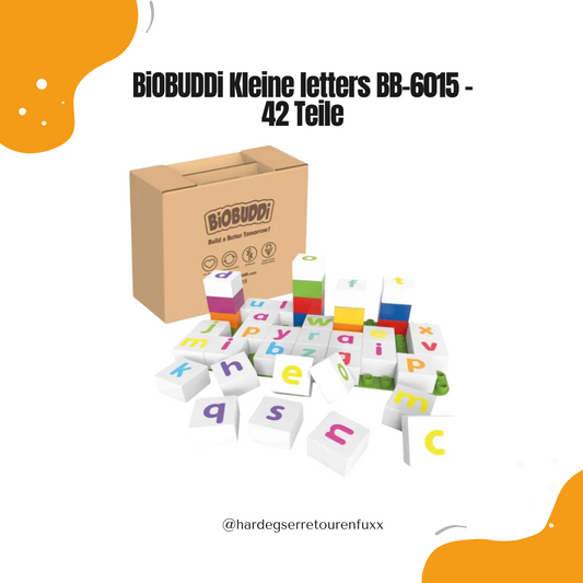 BiOBUDDi Educatie Kleine letters leren kennen BB-6015 – 42 Nachhaltige Zuckerrohr-Bausteine, Alphabet-Lernset mit Grundplatte & Lernbuch, CO₂-Neutral für Kinder 1,5-6 Jahre