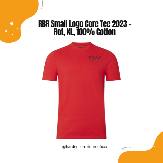 Oracle Red Bull Racing Small Logo Core T‑Shirt – Rot 2023, Unisex, 100% Baumwolle, kleines Brustlogo, großer Rückenprint,