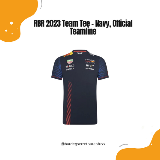 Red Bull Racing 2023 Team T‑Shirt – Navy, Regular Fit, Heat‑Transfer Sponsorlogos, Rücken‑Logo, Offizielle Castore Teamline