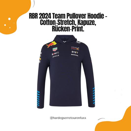 Red Bull Racing F1 Men’s 2024 Team Pullover Hoodie – Regular Fit, 78% Baumwolle/18% Polyester/4% Elastan, zweigeteilte Kapuze, Rücken‑Print, Offizielle Castore Teamline