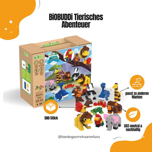 BiOBUDDi Tierisches Abenteuer BB-2030 – 500 CO2-neutrale Bauklötze & Tier-Set für Kinder ab 4 Jahren
