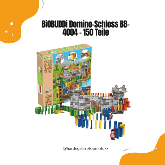 BiOBUDDi Domino-Schloss BB-4004 – 150 Zuckerrohr-Dominosteine, 10 Figuren, FSC-Karton-Schloss, Aufkleber-Set, CO₂-Neutral für Kinder ab 4 Jahren