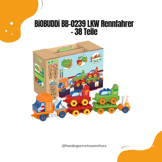 BiOBUDDi BB-0239 LKW und Rennfahrer – 38 Nachhaltige Zuckerrohr-Bausteine, Klemmbausteinset mit Aufbewahrungsverpackung, CO₂-Neutral für Kinder ab 18 Monate