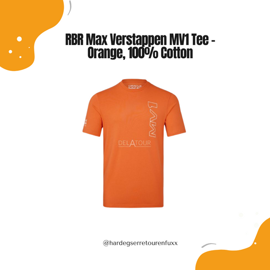 Red Bull Racing Max Verstappen MV1 T‑Shirt – Unisex, Orange Livery, 100% Baumwolle, Rücken‑Print, Offizielle Castore x RBR Fanwear
